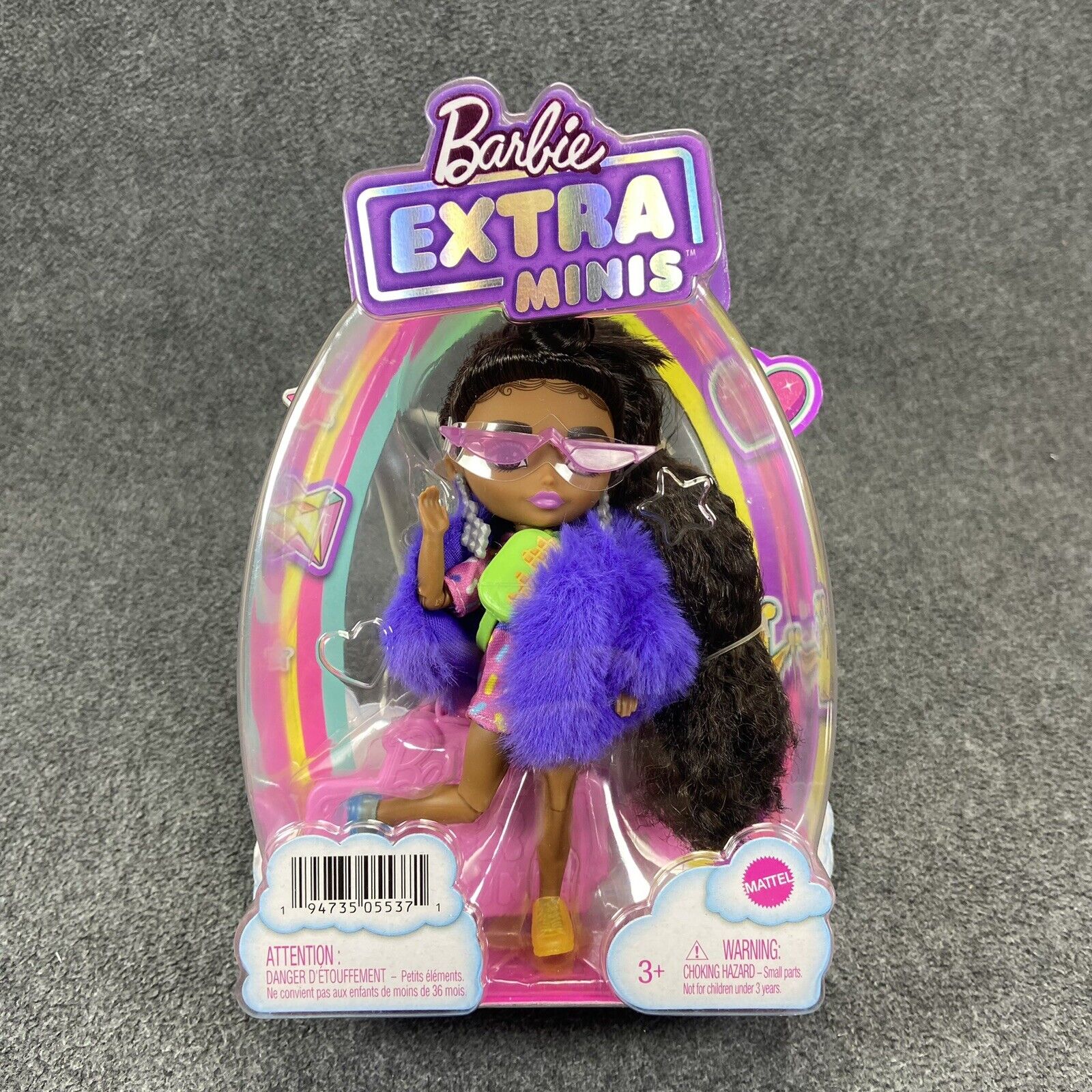 Barbie Extra Minis 5.5" Fashion Doll Brunette Long Hair Purple Faux Fur Coat New