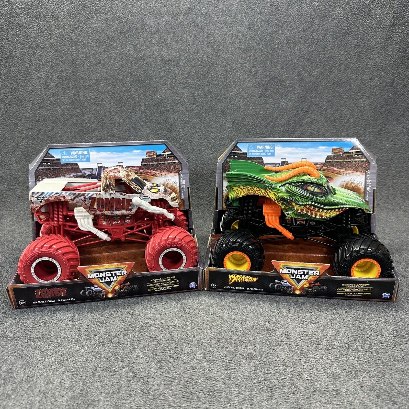 Lot of 2 Monster Jam ZOMBIE & DRAGON True-Metal 1/24 Scale Trucks - Brand New