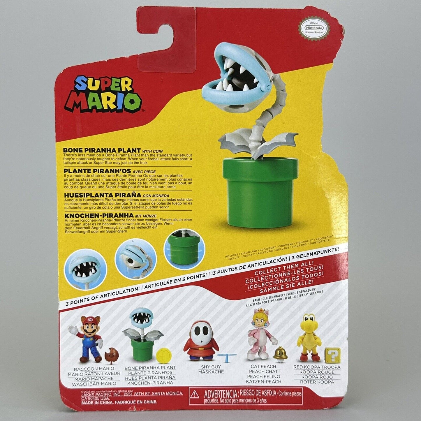 Super Mario Bone Piranha Plant 4" Action Figure with Coin Jakks Pacific - New