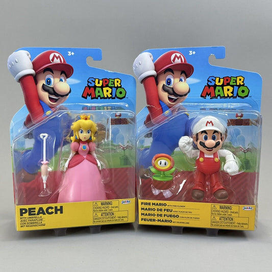 Super Mario Peach w/ Umbrella & Fire Marion w/ Fire Flower 4" Action Figures