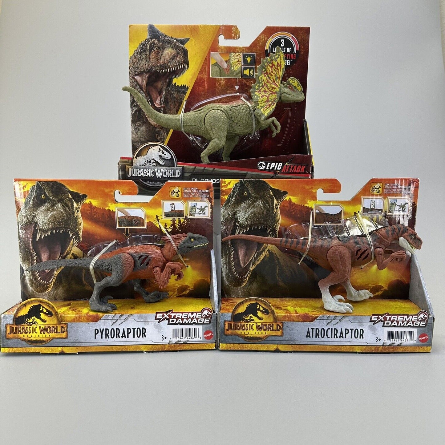 Mattel Jurassic World Extreme Damage Pyroraptor, Atrociraptor & Velociraptor Lot