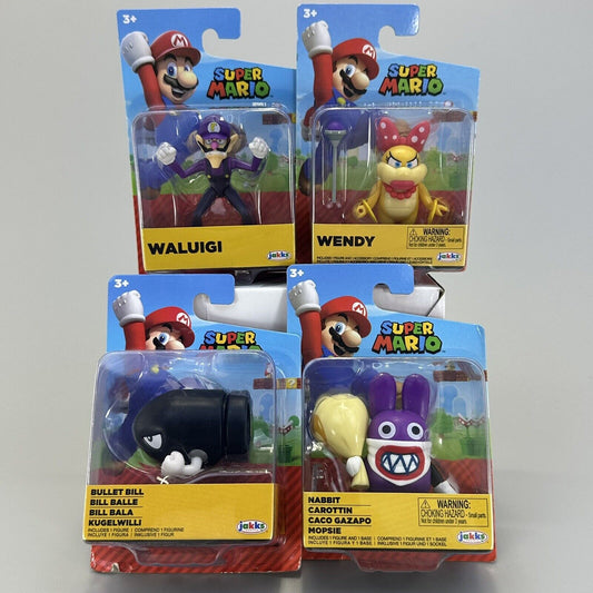 Lot of 4 Super Mario 2.5" Action Figures Waluigi, Wendy, Nabbit & Bullet Bill