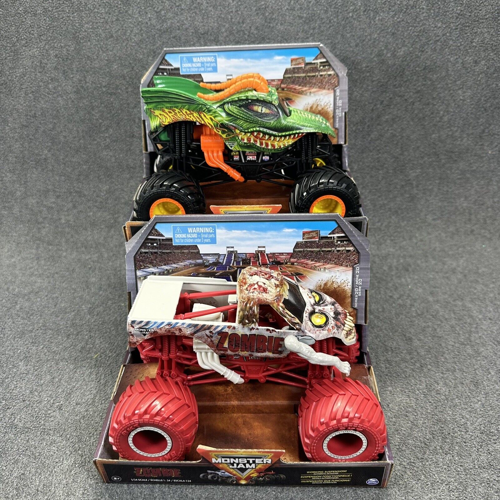 Lot of 2 Monster Jam ZOMBIE & DRAGON True-Metal 1/24 Scale Trucks - Brand New