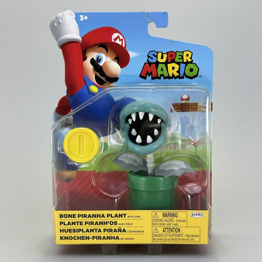 Super Mario Bone Piranha Plant 4" Action Figure with Coin Jakks Pacific - New