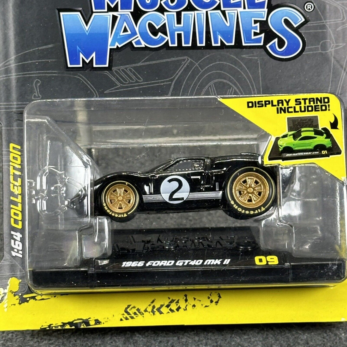 2021 Muscle Machines 1966 Ford GT 40 MK II Diecast Car 1:64 Black w/ Stand - New