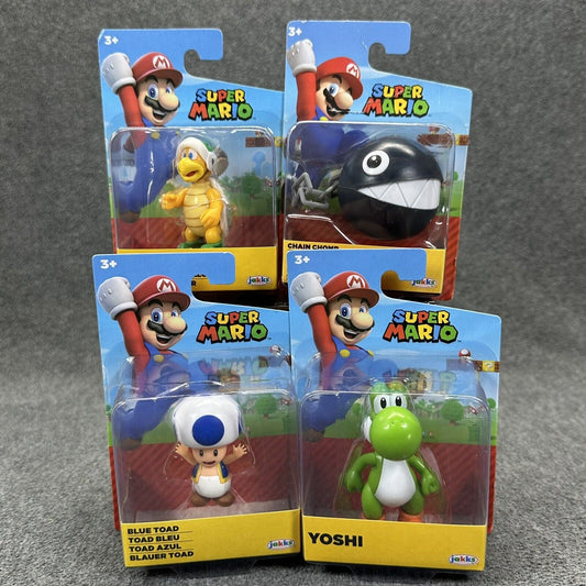 Lot of 4 Super Mario 2.5" Action Figures Yoshi Blue Toad Chain Chomp & Hammer B.